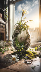 Spring Awakening: An Enchanted Easter Egg Bursting with Life Amidst a Luminous Sunlit Wooden Setting - 774402498