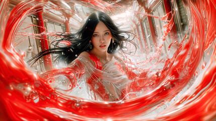 beautiful asian woman swirling around with flowing dress, expressive painted illustration