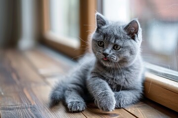 Blue British Shorthair kitten grooming on wooden floor by window - Powered by Adobe