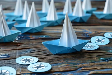 Blue paper boat leading small white boats with compass icon on table Leadership concept