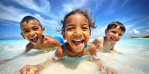 A close-up photo capturing the joy of two boys and girls playing in the water at the beach.