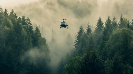 A helicopter is flying through a foggy forest - obrazy, fototapety, plakaty