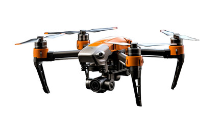 An orange and black remote controlled flying device soaring gracefully in the sky
