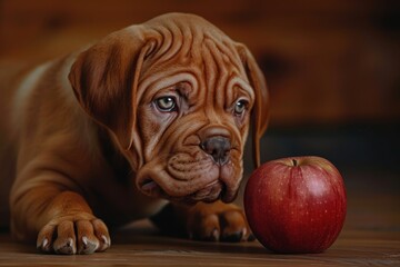 Bordeaux puppy playing with apple