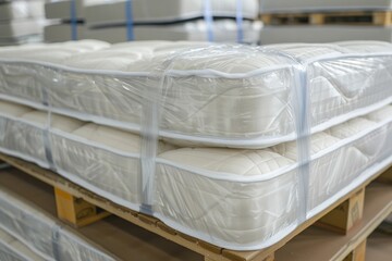 Fototapeta na wymiar Brand new spring mattresses rolled and packed from top view