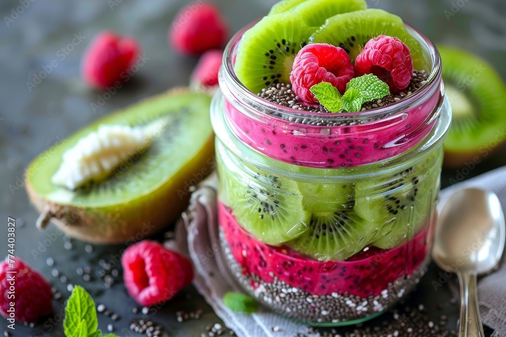 Canvas Prints Breakfast pudding in jar with raspberries kiwi and chia seeds