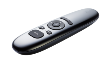 A close-up of a remote control on a pristine white background