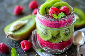 Breakfast pudding in jar with raspberries kiwi and chia seeds - Powered by Adobe