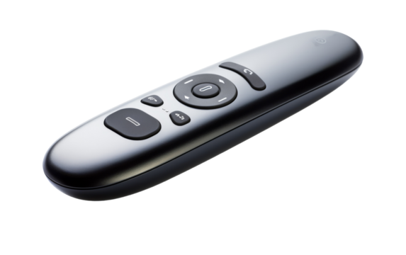 A close-up of a remote control on a pristine white background