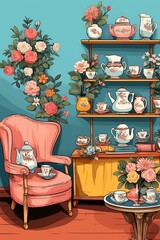 A vintage living room featuring a pink chair and a shelf displaying various teapots. The room is decorated with floral wallpaper, giving it a quaint and charming ambiance