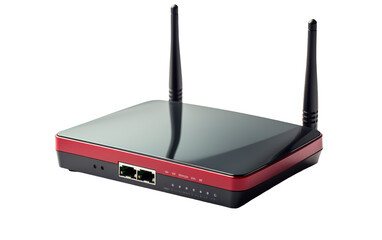 A vibrant red and black router against a clean white backdrop