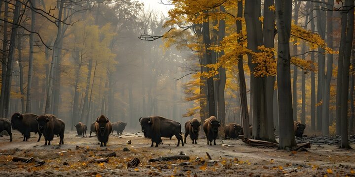 European bison herd in autumn forest at Bialowieza National Park Poland with yellow leaves and trees . Concept Wildlife Photography, Autumn Colors, Bison Herd, National Park, Poland