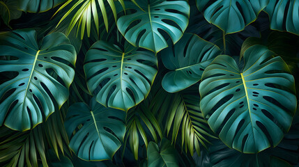Große tropische Blätter, Massive riesige Blätter, tropische Pflanzen, Hintergrund und Textfreiraum - obrazy, fototapety, plakaty