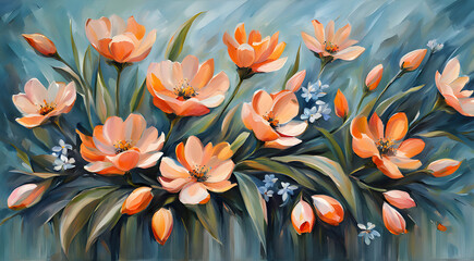 spring flowers painted with oil paints in peach tones and bright butterfly - obrazy, fototapety, plakaty