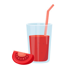 Tomato juice in glass. Weight loss diet vitamin smoothie. Detox tomatoes vegetable cocktail for healthy dieting. Vector illustration isolated on white background.