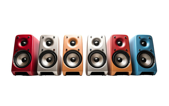 A row of colorful speakers lined up together, creating a vibrant and dynamic display