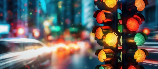Defocused shot of colorful traffic lights - obrazy, fototapety, plakaty