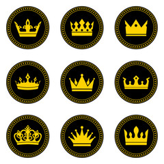 Illustration of a set of various crowns in a circle with stars on a white background.