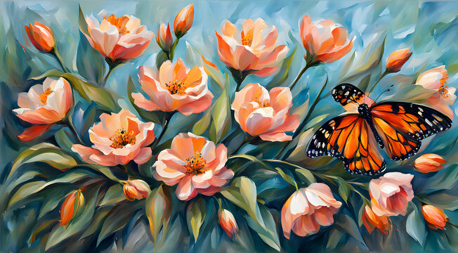 spring flowers painted with oil paints in peach tones and bright butterfly