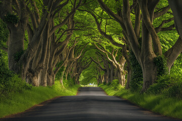 An empty road surrounded by trees and grass
