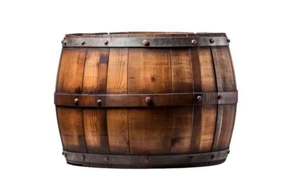 A weathered wooden barrel, adorned with sturdy metal straps, sits against a pristine white backdrop