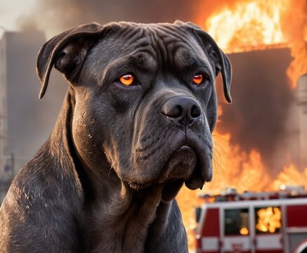 Image of dog and fire, Cane Corso, rescuer, fireman, natural disaster, animals. Generative Ai