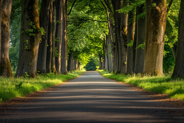 An empty road surrounded by trees and grass