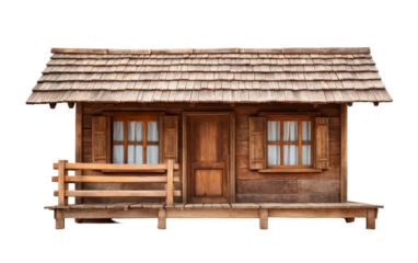 A small wooden cabin with a porch and windows nestled in a serene forest setting