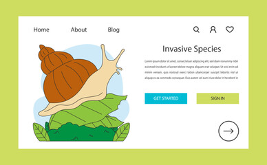 Invasive species threat web banner or landing page. Snail as nonnative