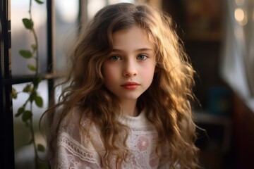Fototapeta premium Portrait of a beautiful little girl with long curly hair at home.