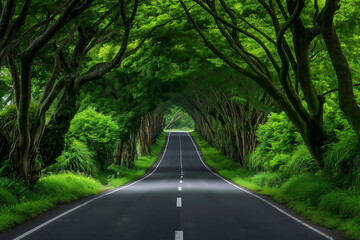 Obraz premium An empty road surrounded by trees and grass