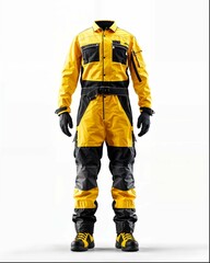 Yellow and black hazmat suit, back view, high-tech protective gear
