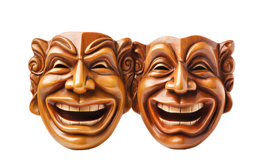 Two masks with expressive faces, one smiling and one frowning, portraying a range of emotions