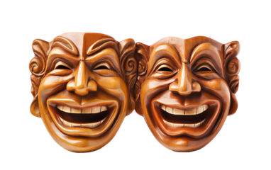 Two masks with expressive faces, one smiling and one frowning, portraying a range of emotions
