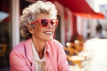 Portrait of happy senior woman in pink jacket and sunglasses in cafe