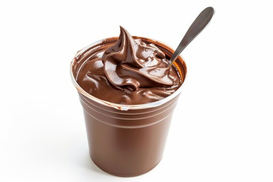 Brown plastic cup with spoon isolated on white background containing chocolate pudding