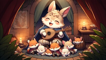Anthropomorphic Fox Playing Guitar Surrounded by Young Foxes