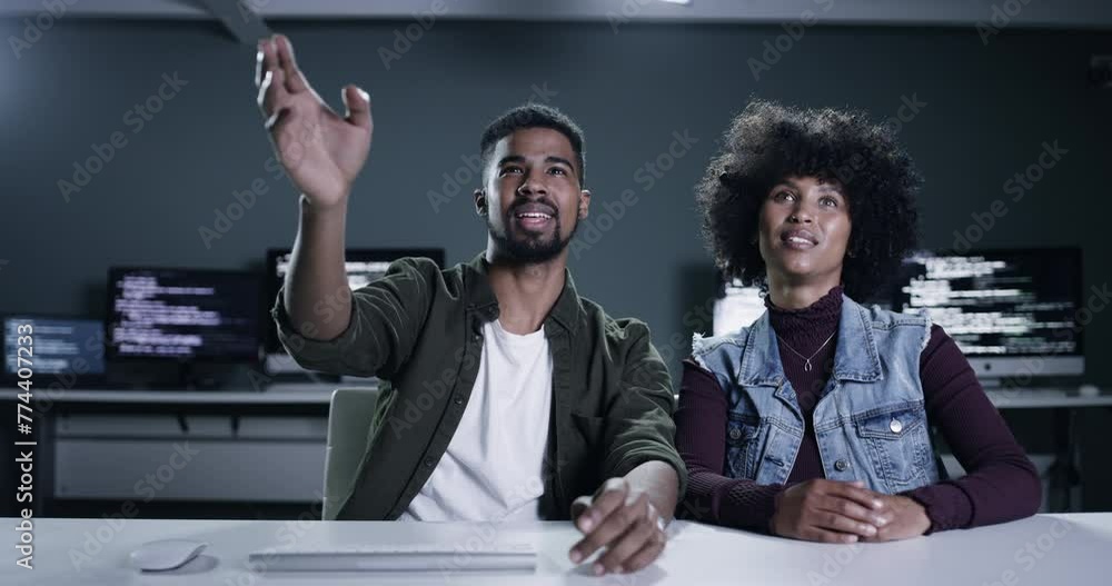 Leinwandbilder People, virtual screen and software developer happiness, conversation and review cybersecurity, system or network. Night programmer collaboration, chat and team coding server, database or AI code
