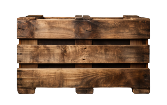 A weathered wooden crate sits stoically on a pristine white background