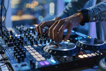 Naklejka premium A man is playing a DJ set with a blue and silver console