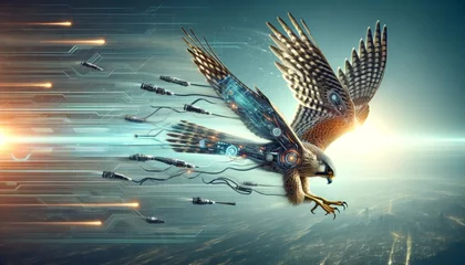 Fotobehang Eagle with Futuristic Wings, Flying Over a City © dragon_fang