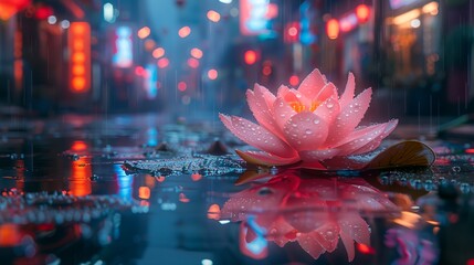 Zen lotus flower in modern city street, digital era mental health practices.