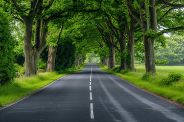 Fototapeta premium An empty road surrounded by trees and grass