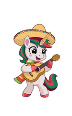 A cheerful cartoon unicorn  strumming a guitar.