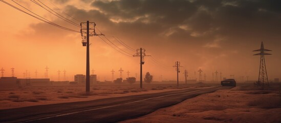 Desert beside of the main road with electricity posts and silhouette buildings - obrazy, fototapety, plakaty