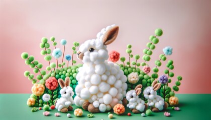Whimsical Balloon Art Display Featuring a Bunny and Miniature Bunnies