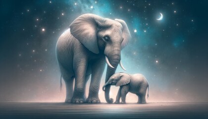 Elephant and Calf Under a Starlit Sky with Crescent Moon