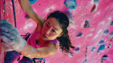 A woman is concentrating intensely as she rock climbs indoors