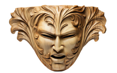 A mask carved from wood with a detailed face, exuding mystery and enchantment