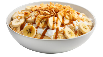 A bowl filled with crunchy cereal, ripe bananas, and creamy yogurt, creating a delicious and wholesome breakfast option - obrazy, fototapety, plakaty